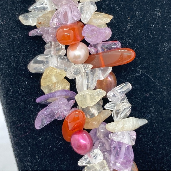 Multistrand Semiprecious Stone Necklace With Freshwater Pearls Toggle Clasp - Picture 2 of 11